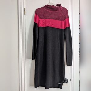 Calvin Klein Mock Neck Color Block Black and Pink Sweater Dress Women's Size L
